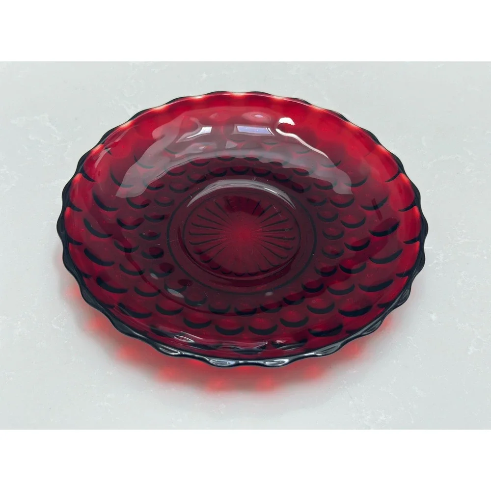 Vintage Ruby Red Glass‎ Bubble Thumbprint Saucer Scalloped Edge Sunburst Center